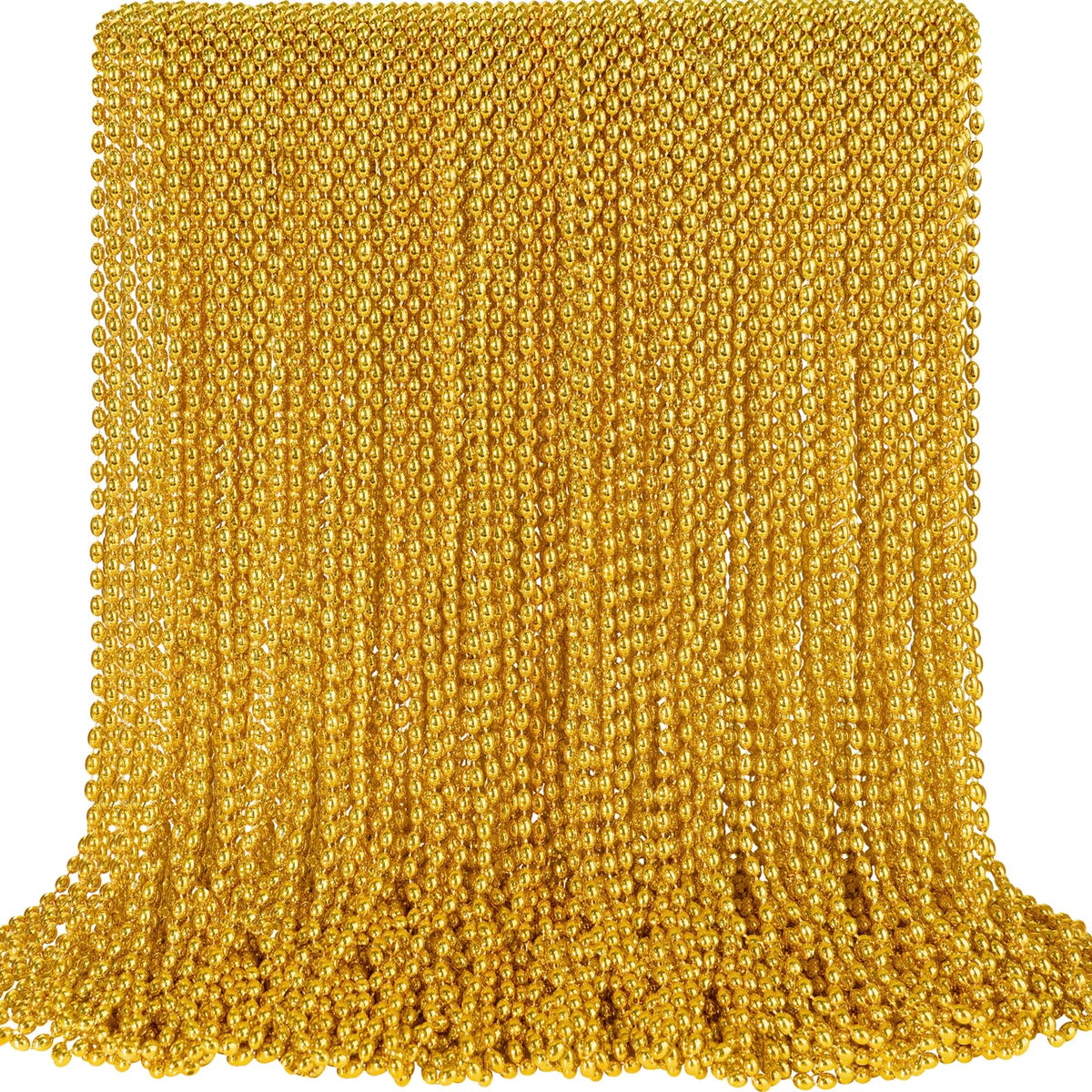SHAOQINLIN closeup of 100 gold bead necklaces, ideal for Mardi Gras party decoration