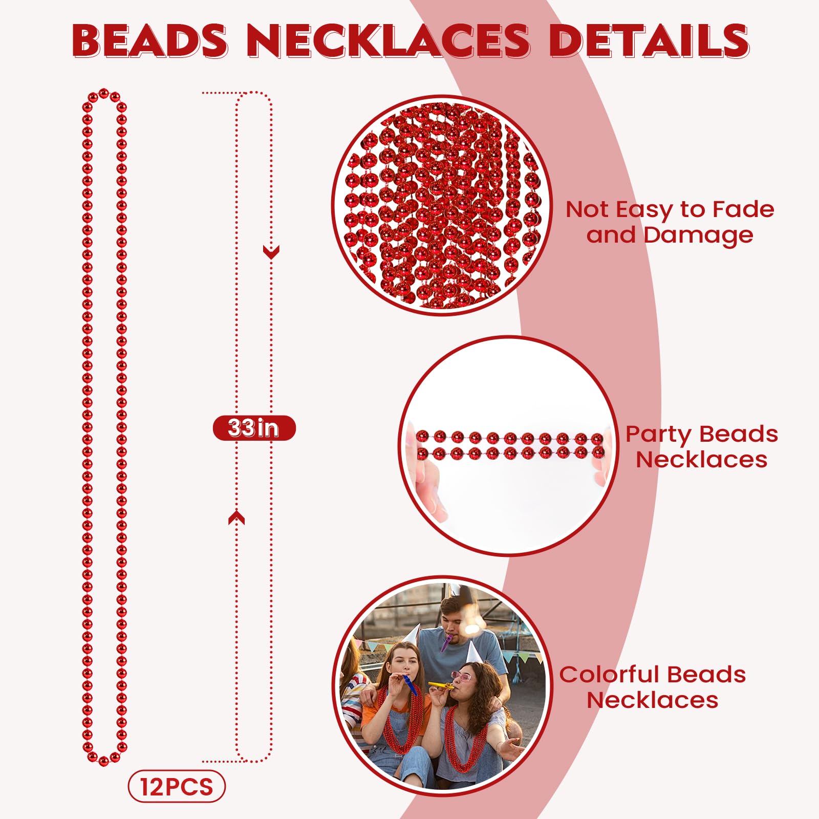 SHAOQINLIN 33-inch metallic necklace with red beads, great for Mardi Gras parades and events