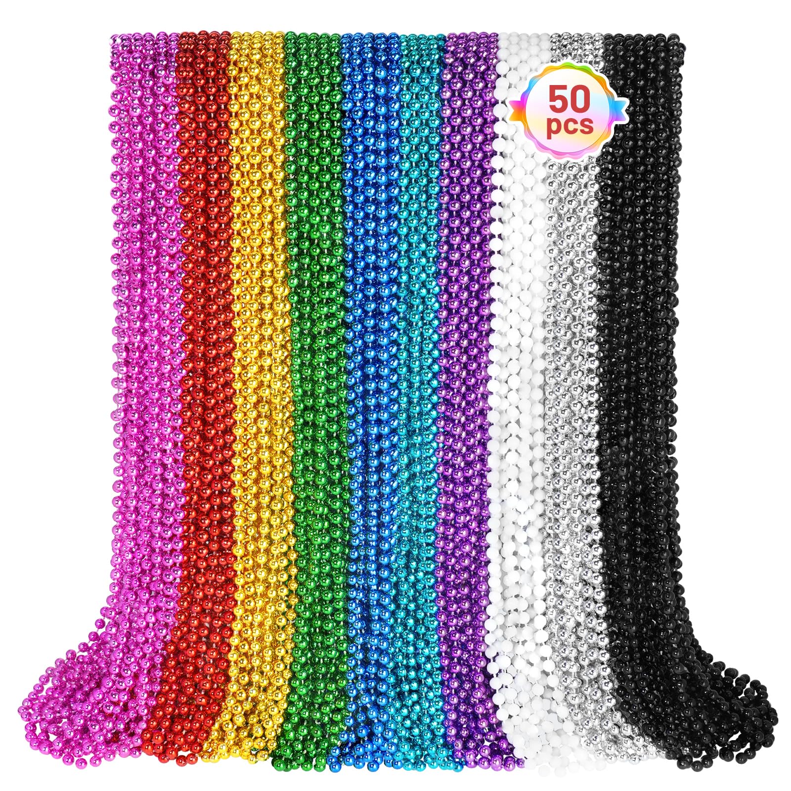 SHAOQINLIN Mardi Gras beads display, 50 colorful necklaces for festive decor.