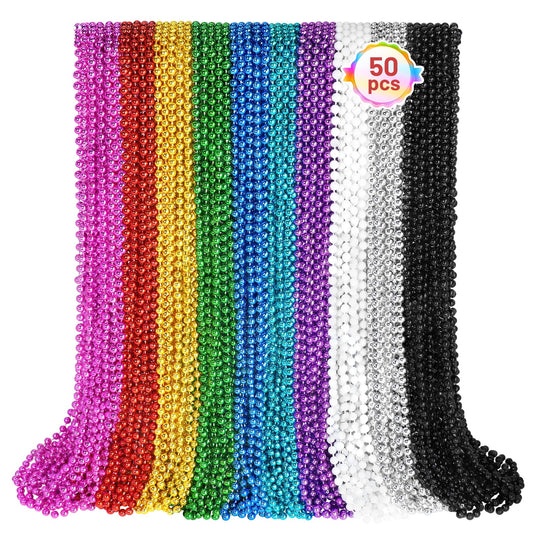 SHAOQINLIN Mardi Gras beads display, 50 colorful necklaces for festive decor.