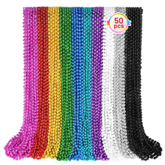 SHAOQINLIN Mardi Gras beads display, 50 colorful necklaces for festive decor.