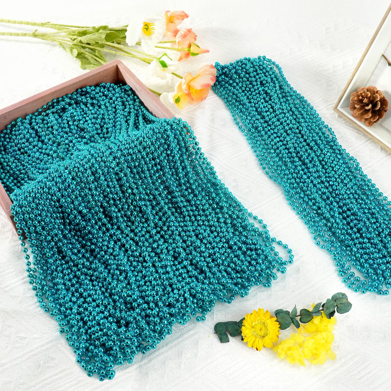 SHAOQINLIN Teal Bead Necklace worn with party outfit, lightweight and comfortable.