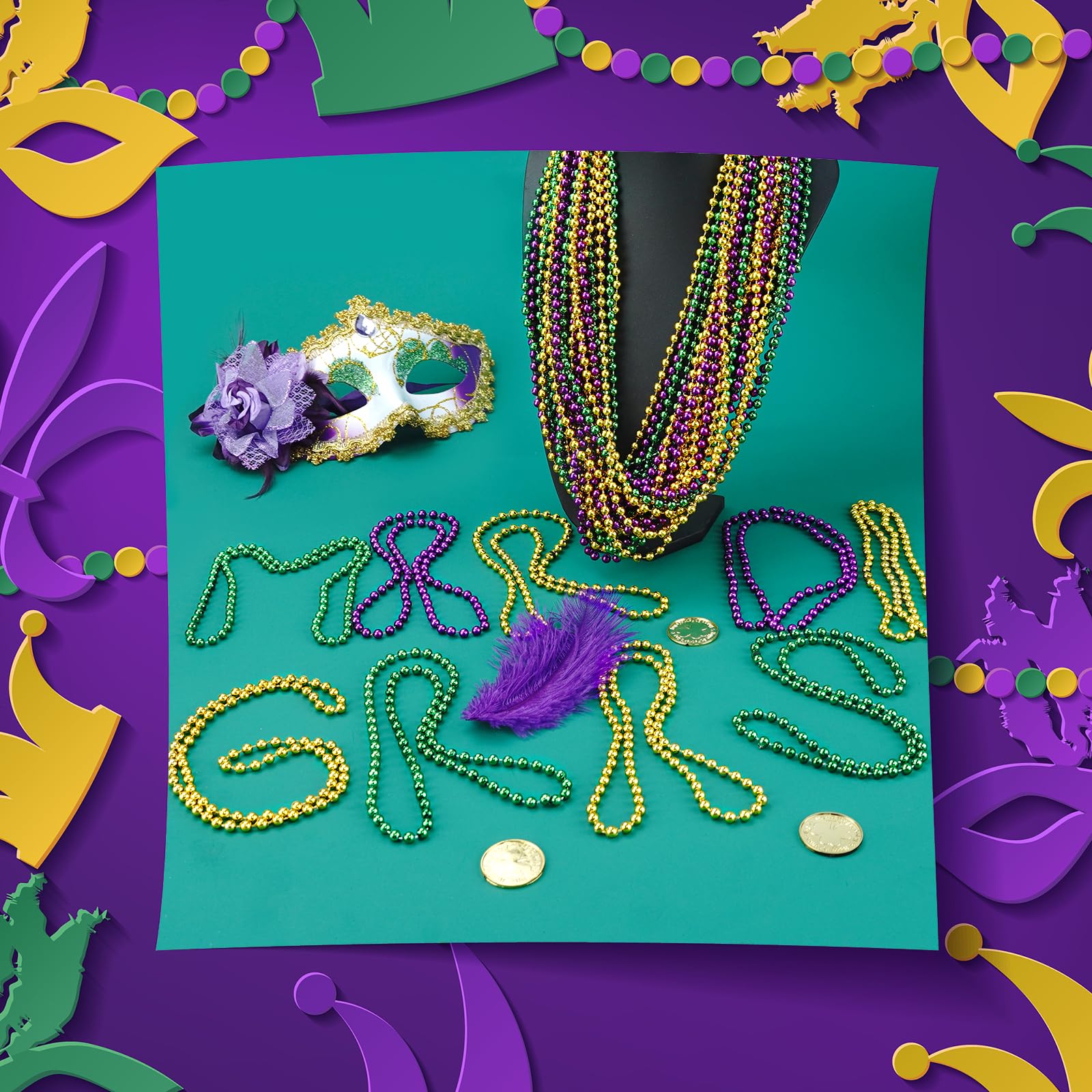 SHAOQINLIN wearing Mardi Gras beads necklace showing full 33-inch length.
