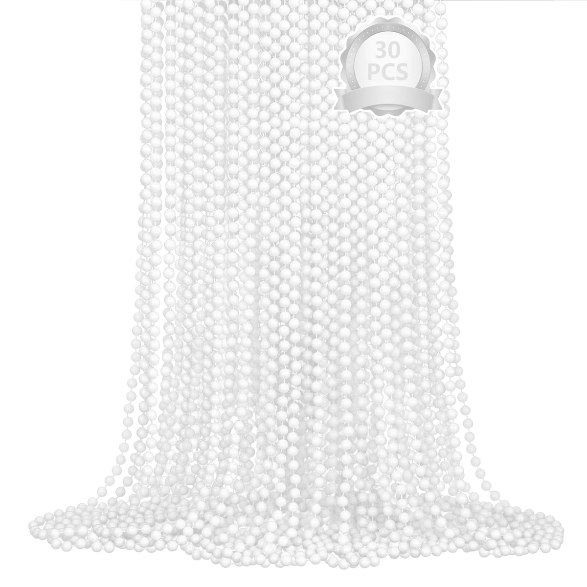 SHAOQINLIN white bead necklace close-up, 33-inch parade-ready strand for parties.