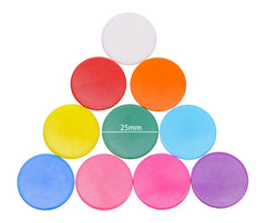 Close-up of smooth Shapenty counting discs in vibrant colors for sorting.