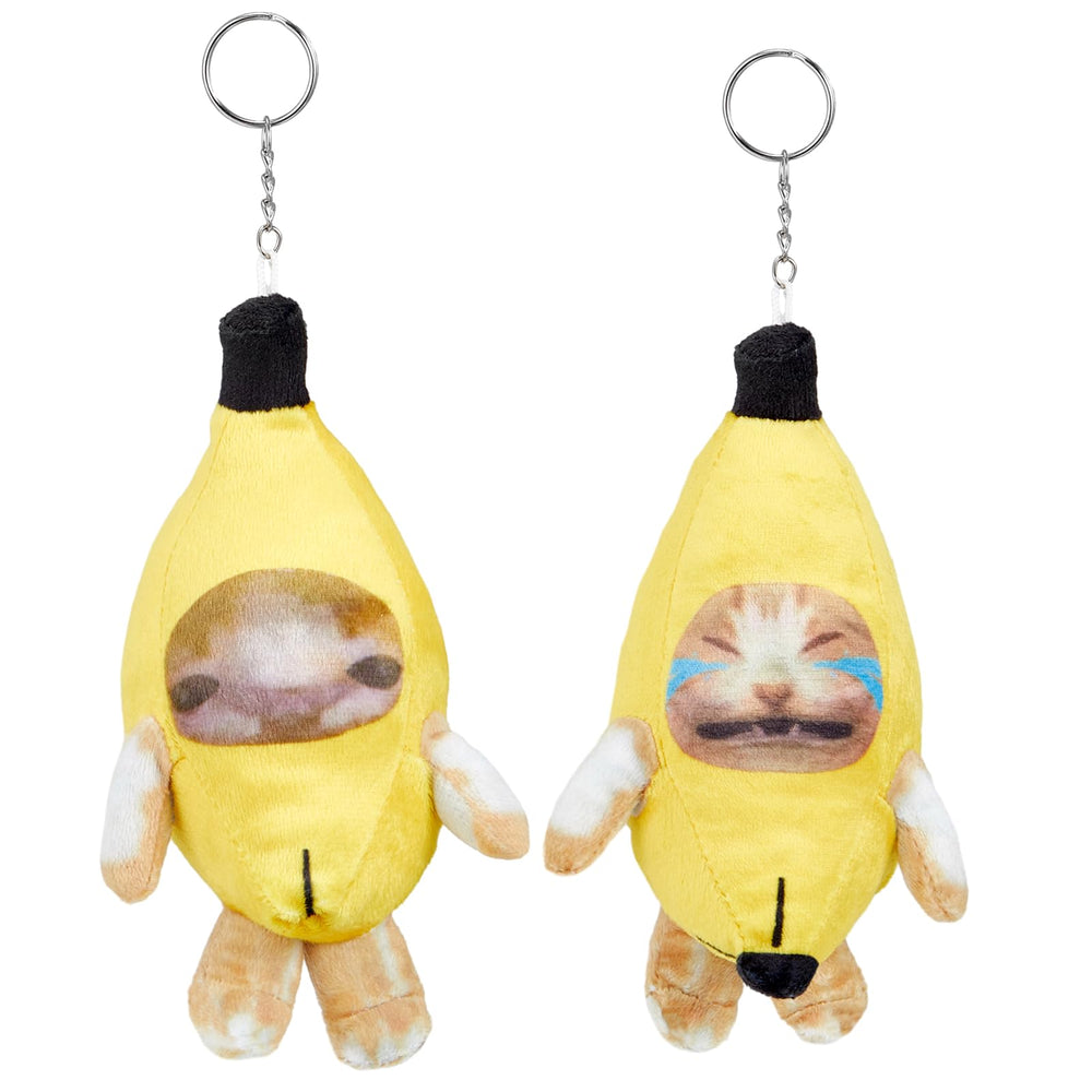 Shappy banana cat keychain front view, bright design adds cheer to bags and keys