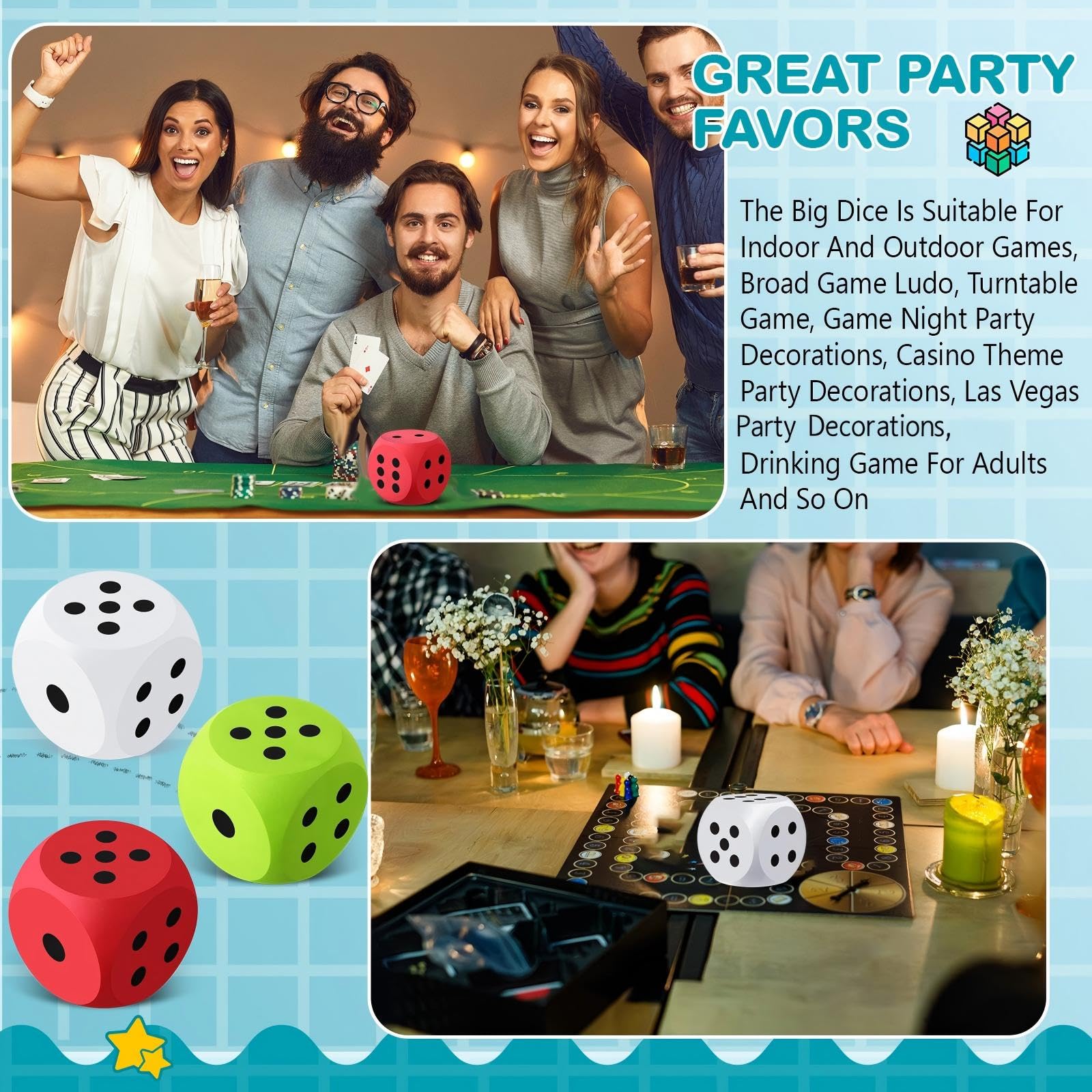 Shappy foam dice on a game night table with colorful faces visible.
