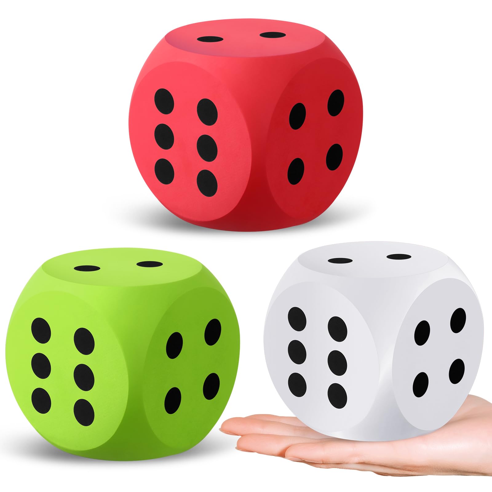 Shappy foam dice in red, green, and white ready for play and learning.