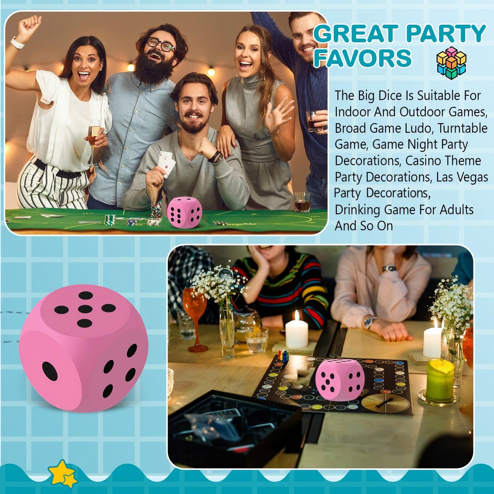 Shappy 3-inch pink foam dice in-hand showcases lightweight, safe design.