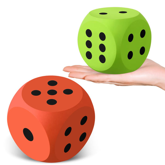 Shappy foam dice 3-inch orange and green, easy to handle for safe classroom play.