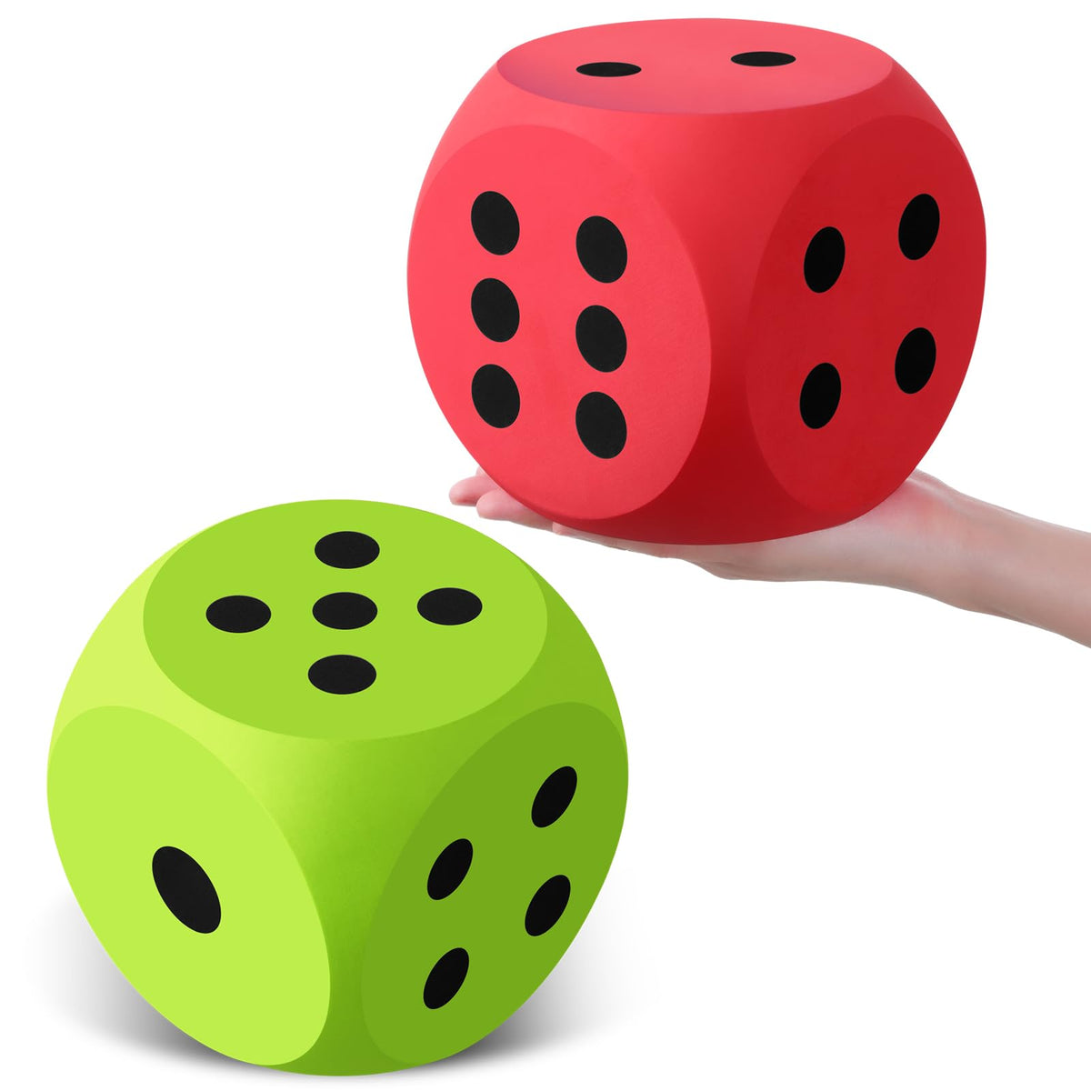 Shappy foam dice 6-inch closeup with red and green colors, soft EVA texture for classroom demos