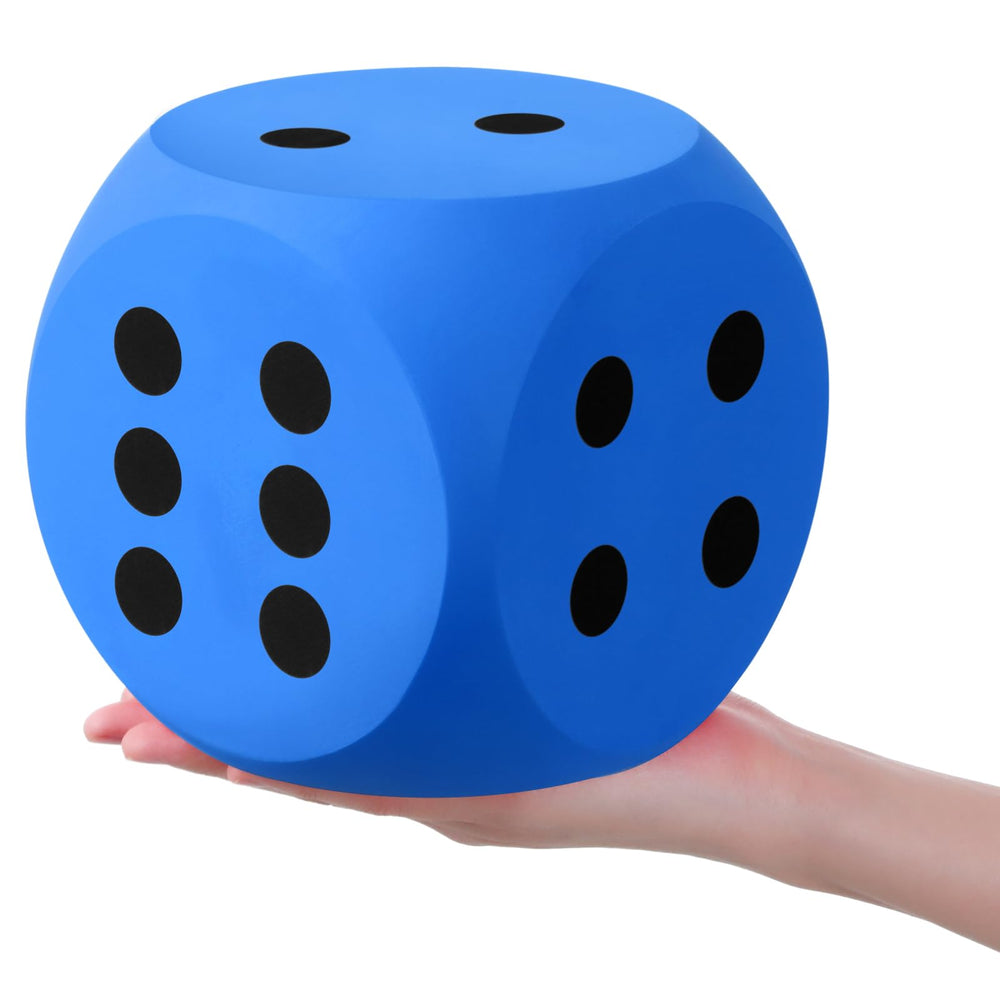 Shappy 6-inch blue foam dice, face up, great for math games and interactive learning.