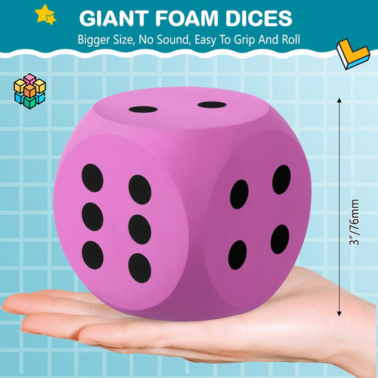 Shappy giant foam dice in hand showing large size for easy rolling.