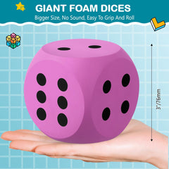 Shappy giant foam dice in hand showing large size for easy rolling.