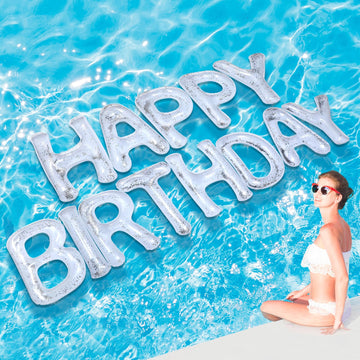 Shappy Happy Birthday letters pool decor in action with shimmering confetti.