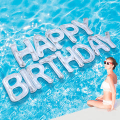 Shappy Happy Birthday letters pool decor in action with shimmering confetti.
