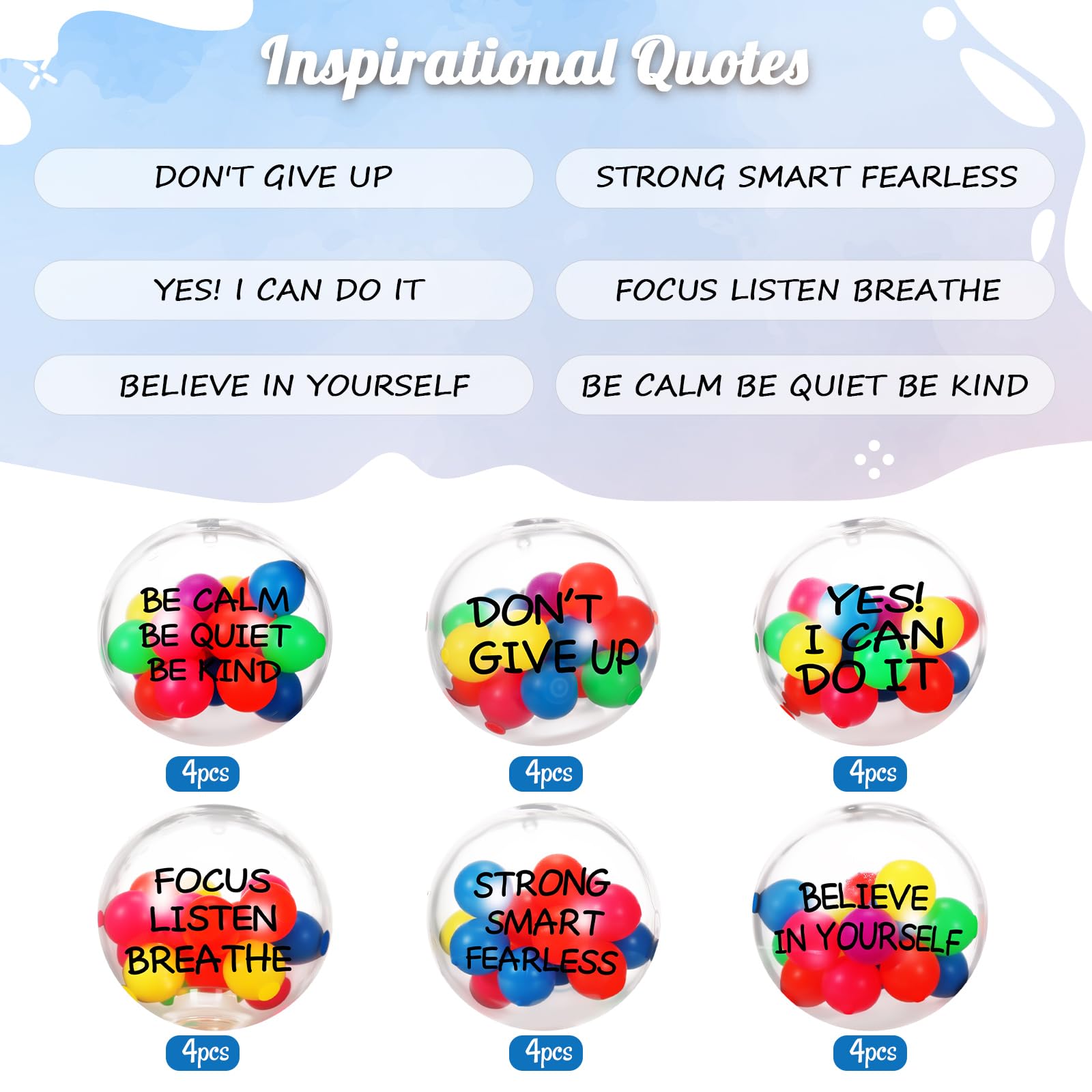 Shappy stress balls with inner colorful beads and printed messages for focus.