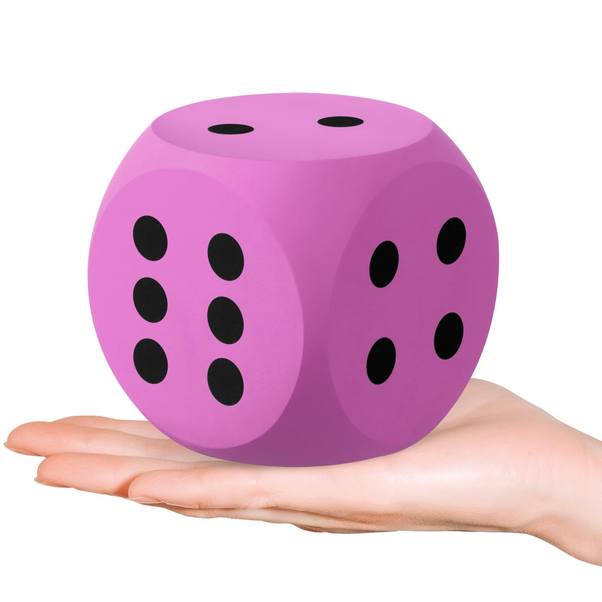 Shappy rose red giant foam dice close-up with bold pips and chunky edges for easy viewing.
