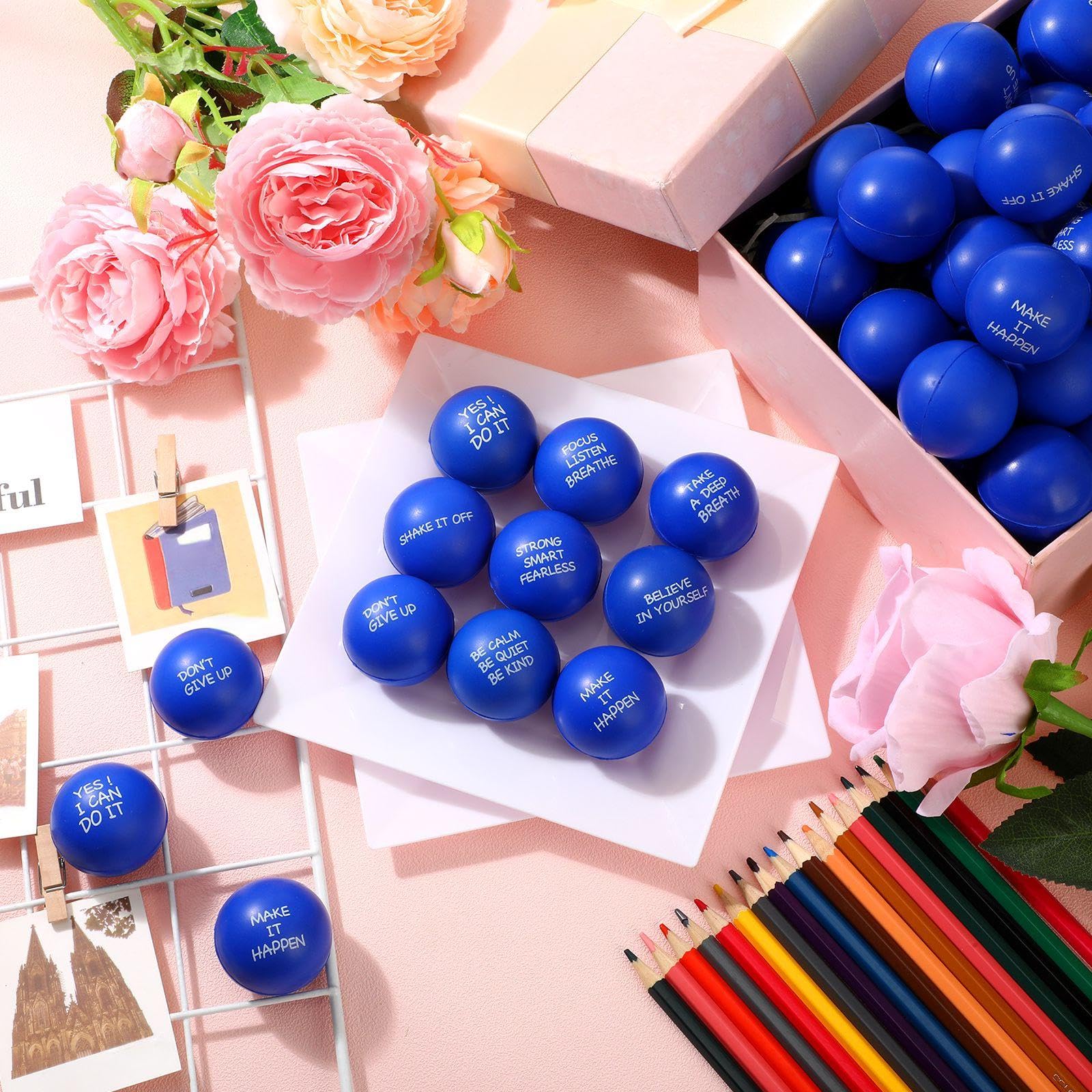 Shappy stress ball with quote design in blue boosts focus and mood during work.