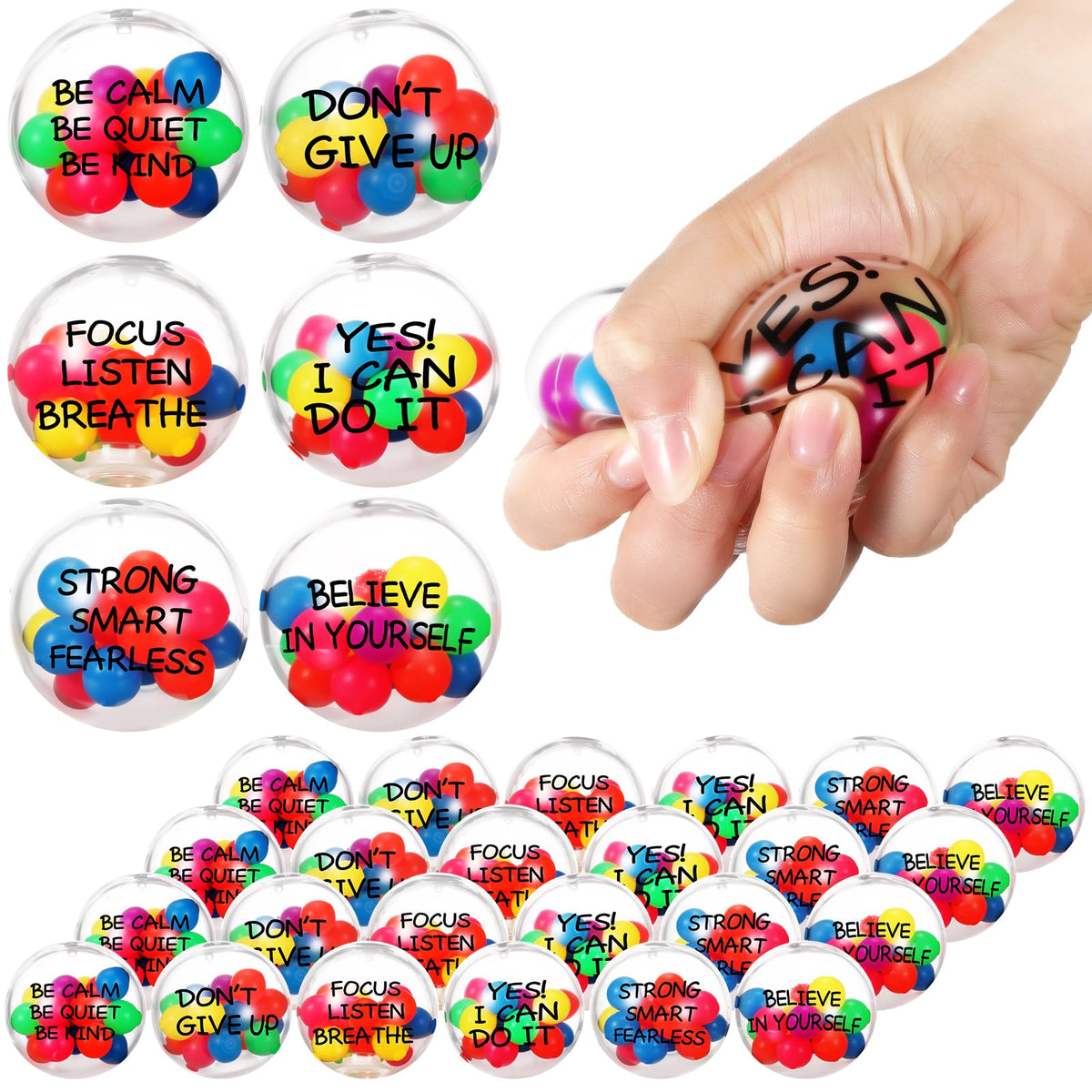 Shappy inspirational stress balls set in vibrant colors with quotes for daily motivation.