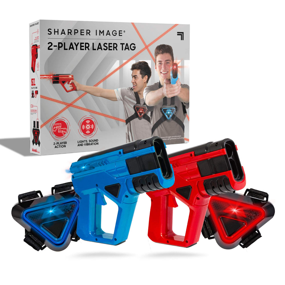 Sharper Image laser-tag blaster gun front in action for competitive play.