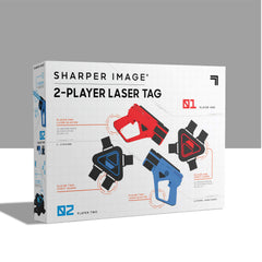 Sharper Image laser-tag night play demo demonstrates glow in dim lighting.
