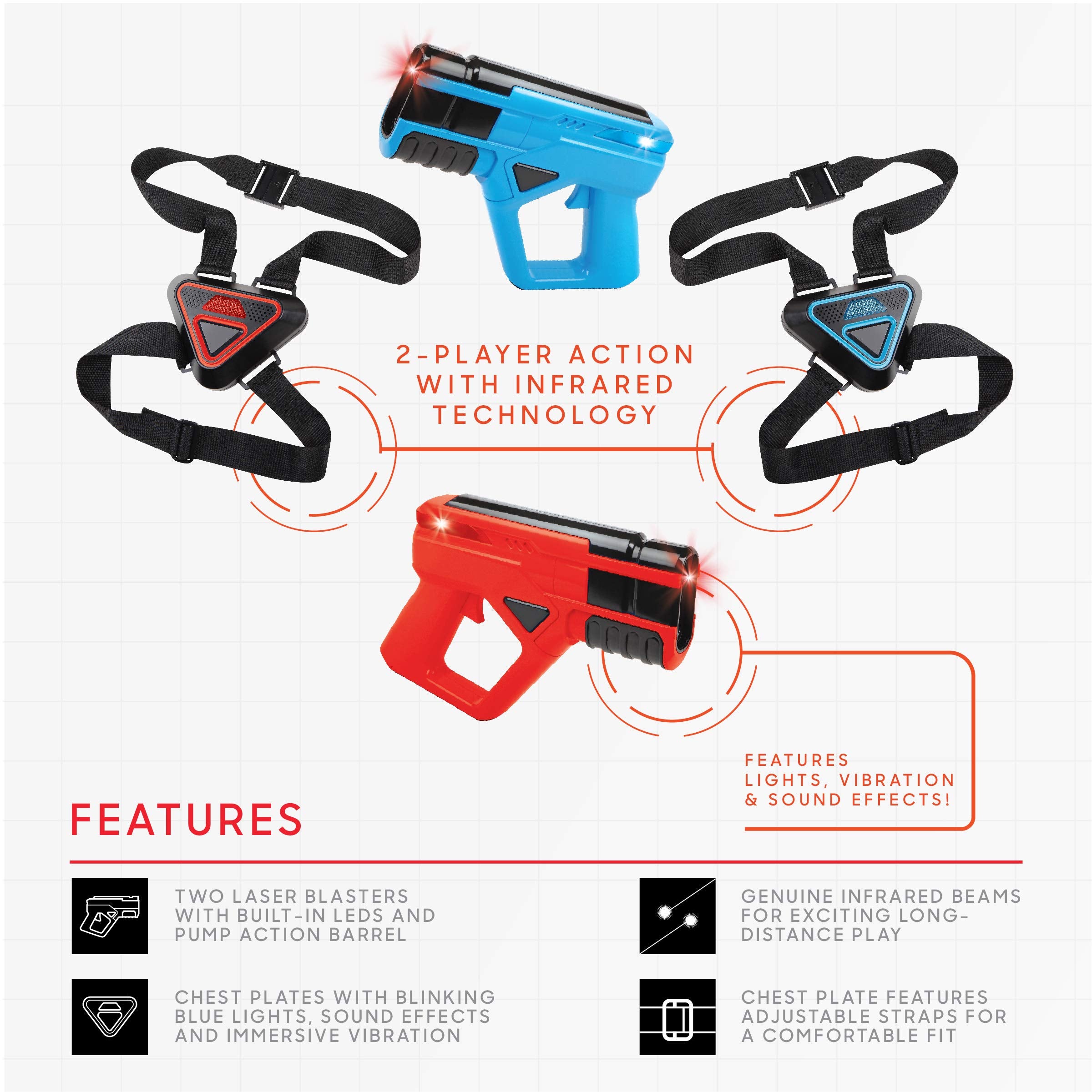 Sharper Image laser-tag gun emits sound effects and vibrations for realism.
