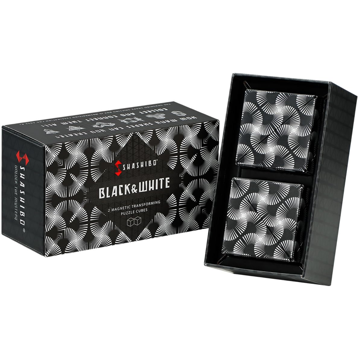 Shashibo black and white shape-shifting box in hand for focused fidgeting