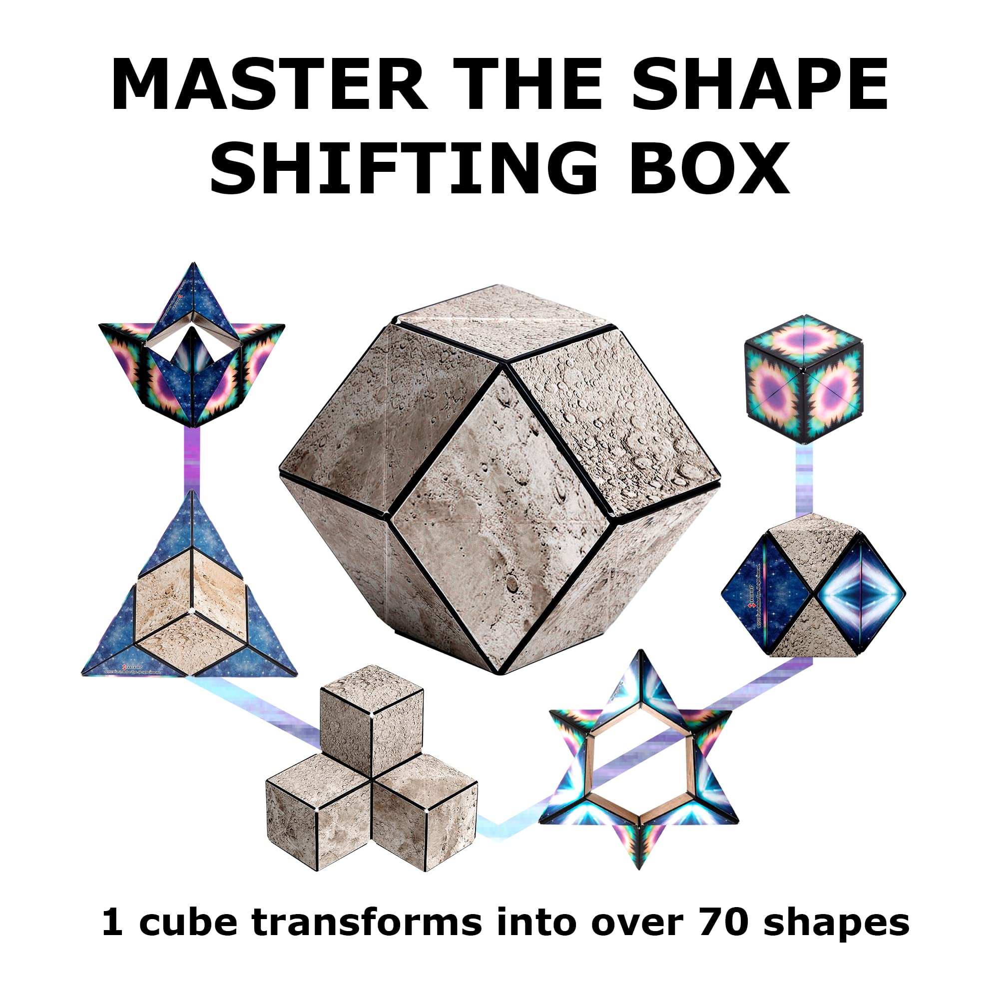 Shashibo cubes connected together to form larger magnetic sculptures.