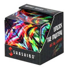 Shashibo Cosmic Surfer box closed state for tactile exploration and shape discovery.