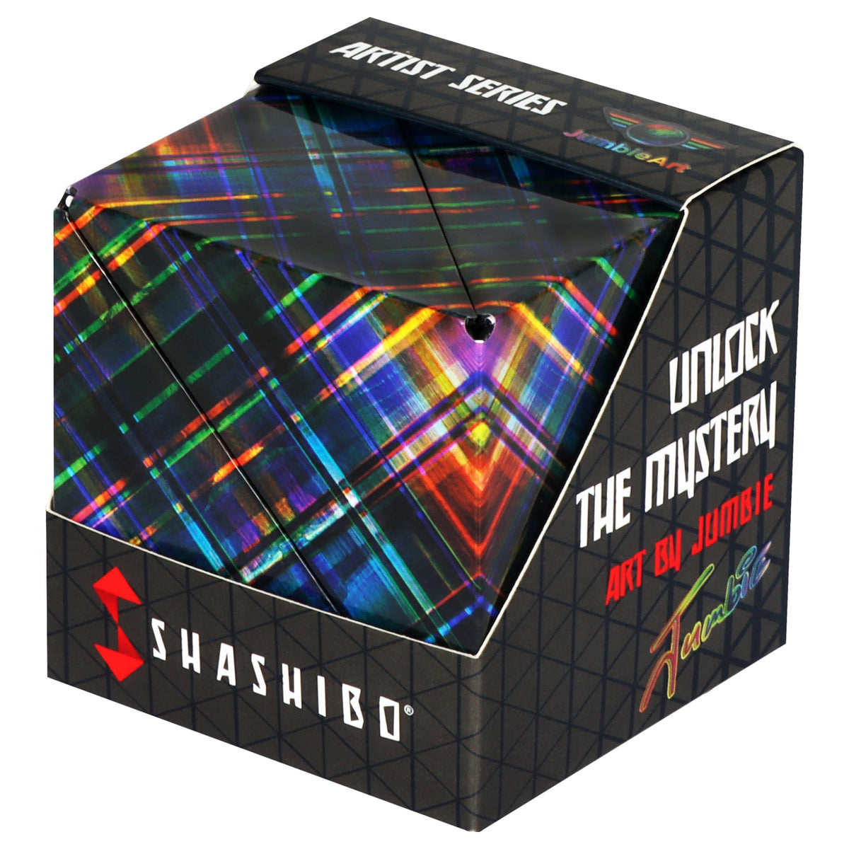 Shashibo Disco Plaid closed box shows a compact sensory toy for focused play.