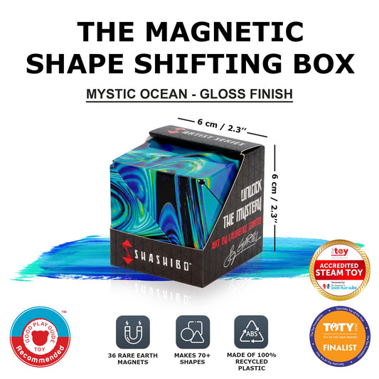 Shashibo internal magnetic system allows linking cubes for larger, satisfying constructions.