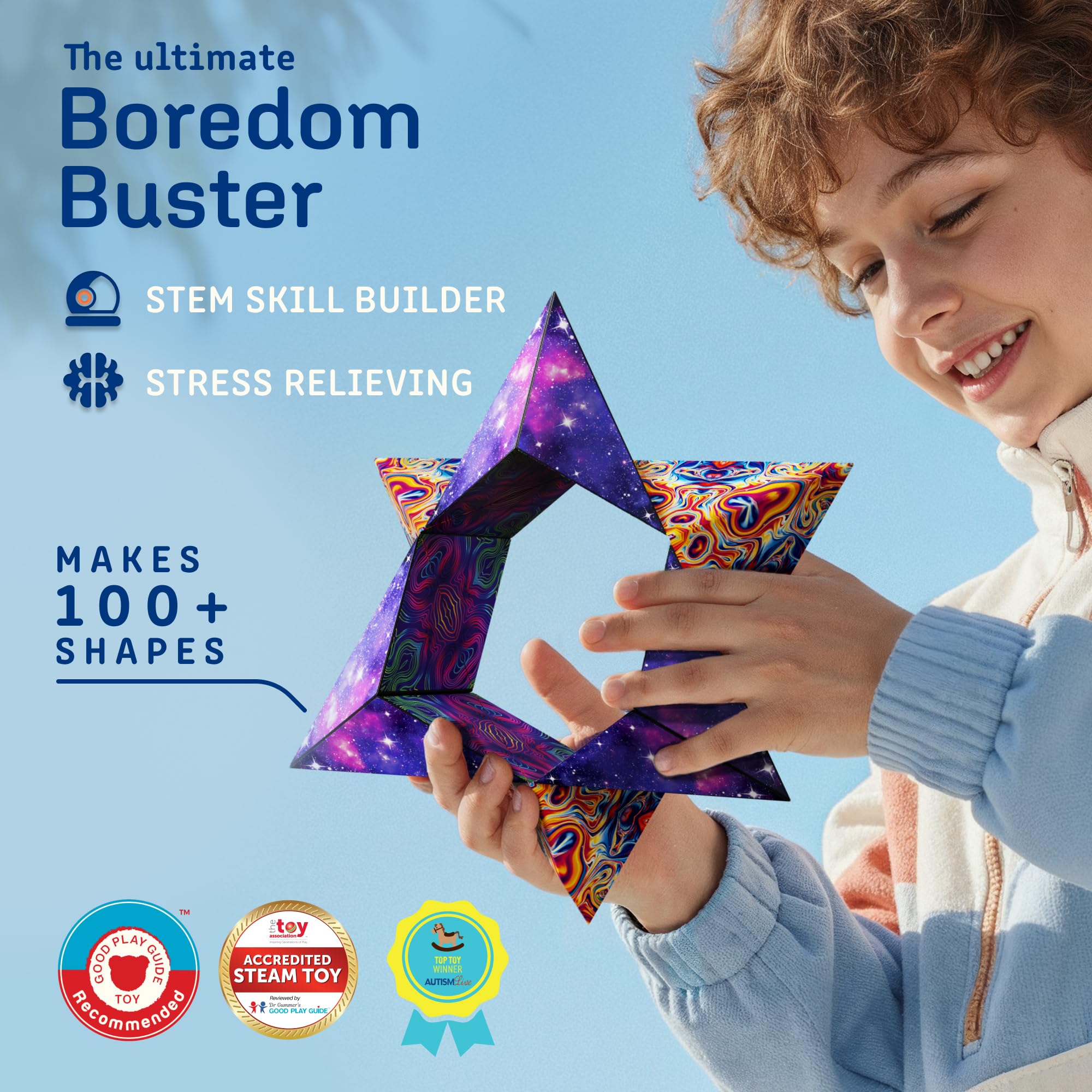 Shashibo magnetic cubes connect to form large structures for collaborative play.