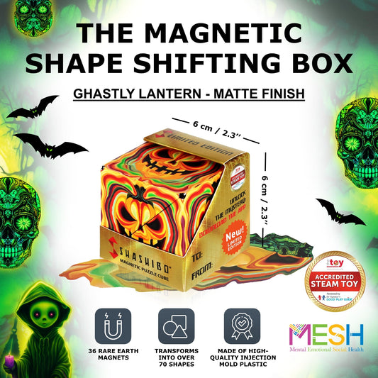 Shashibo Seasonal Halloween puzzle cube displays vibrant artwork for visual appeal.