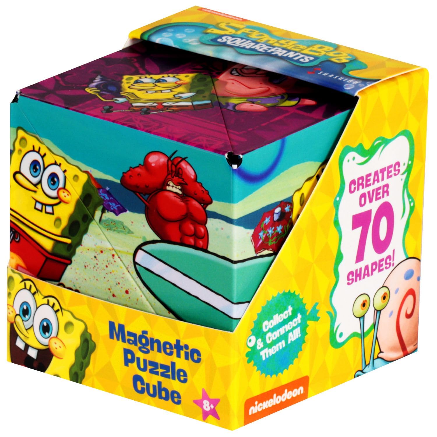 Shashibo SpongeBob front view showcases colorful underwater pattern and tactile grip.