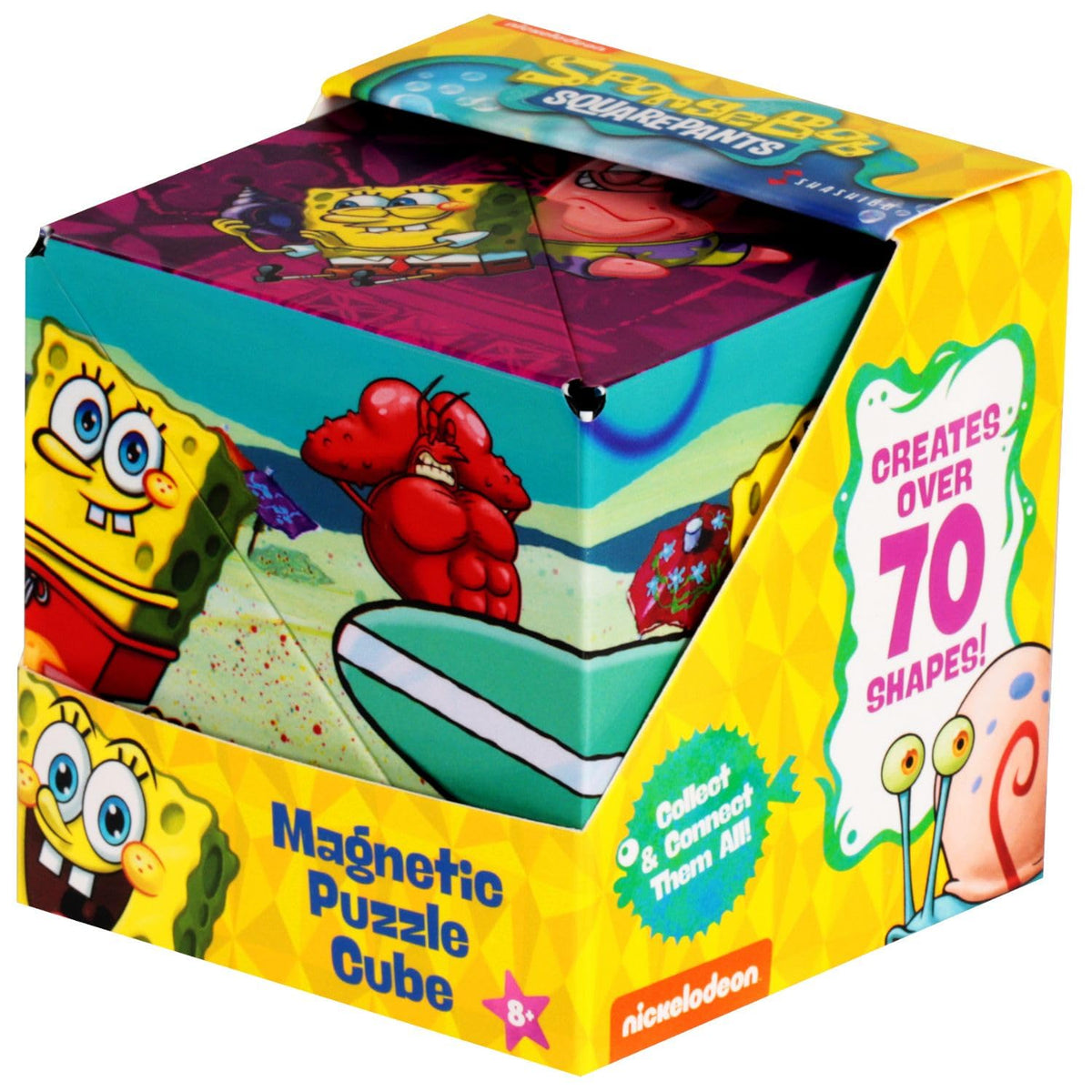 Shashibo SpongeBob front view showcases colorful underwater pattern and tactile grip.