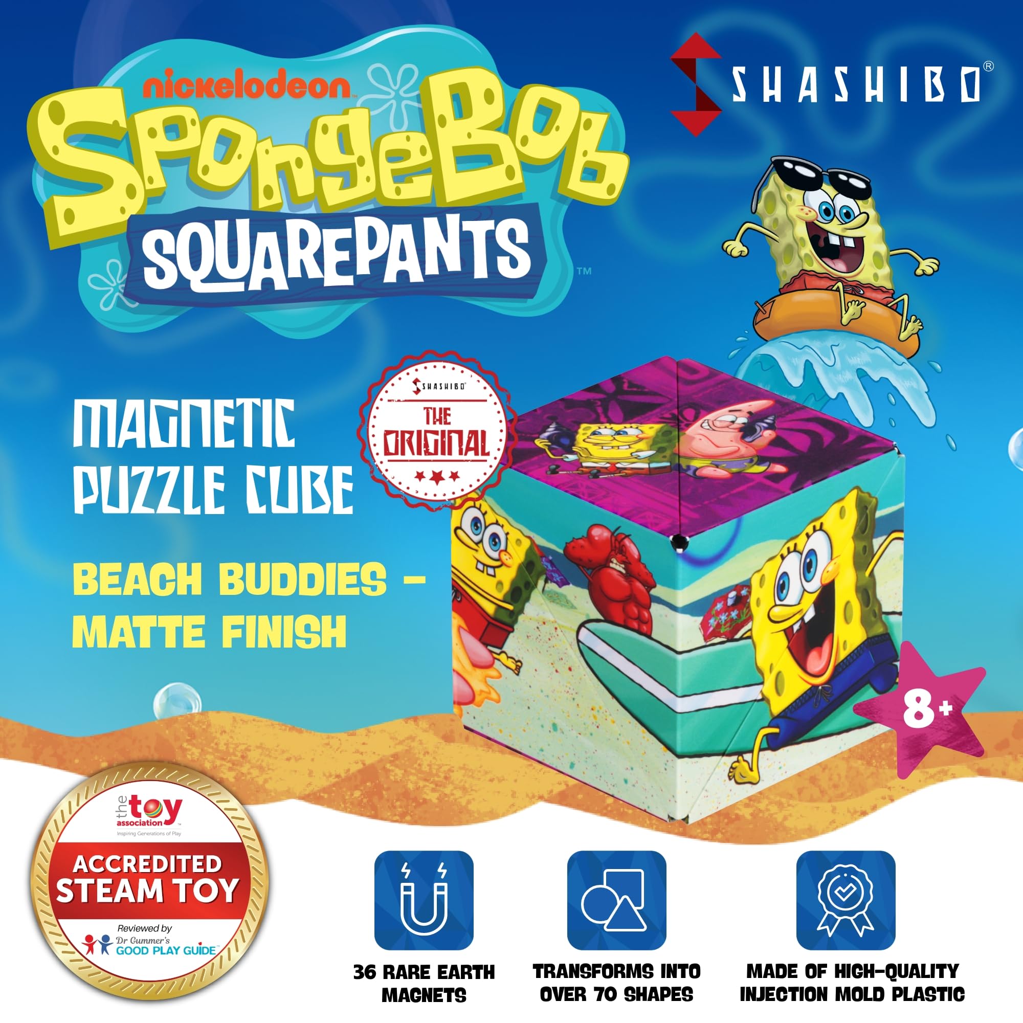 Shashibo SpongeBob transforming shape demonstrates instant reshaping for focus and fidget play.
