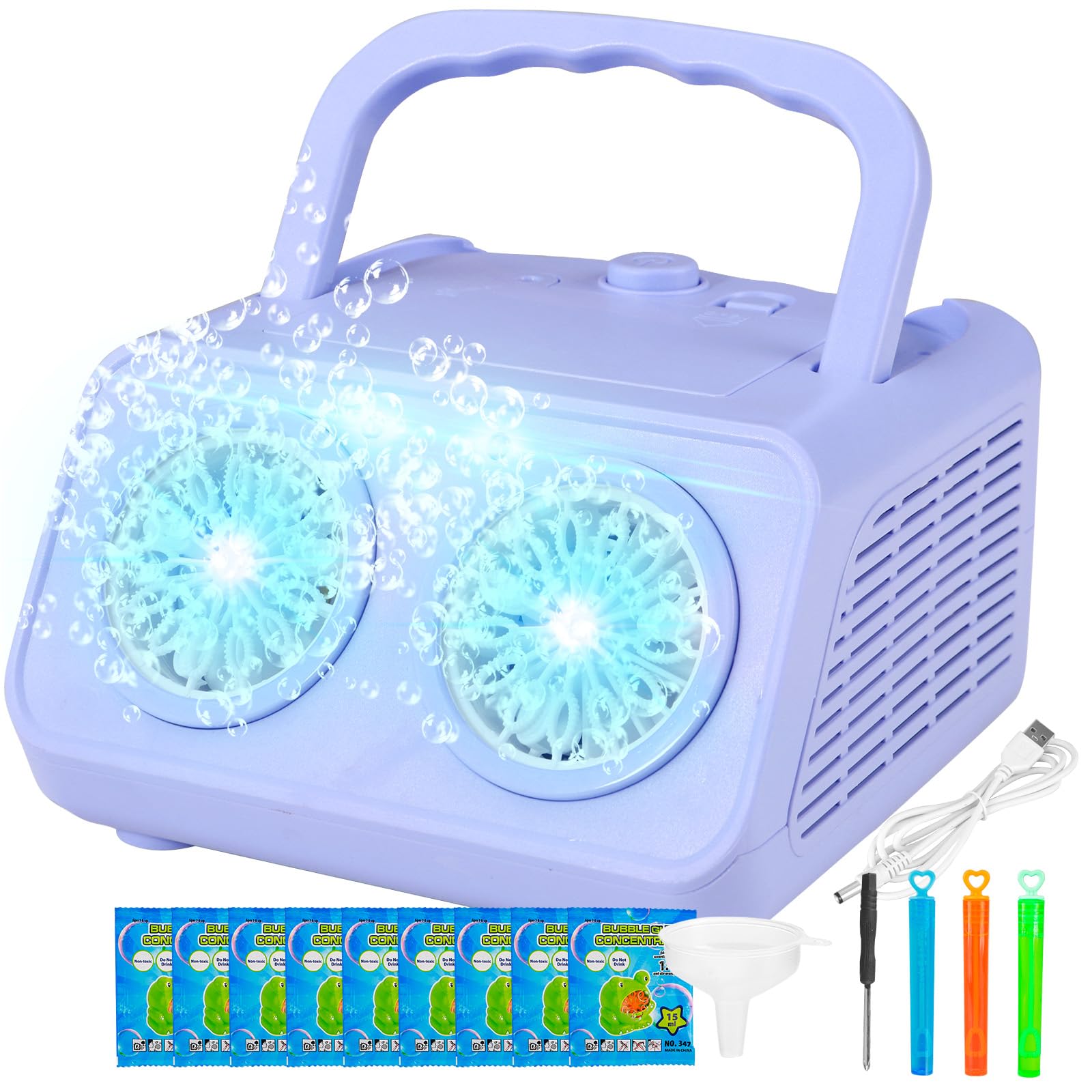 SHCKE automatic bubble machine with two fans for high-output bubbles at outdoor events.