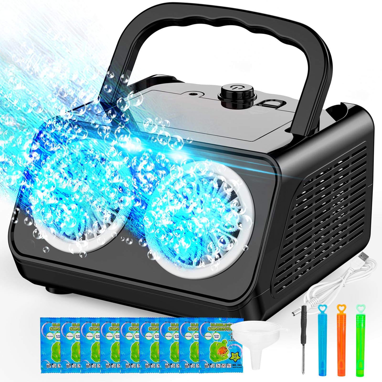 SHCKE bubble machine front view shows compact, kid-friendly design for outdoor fun.