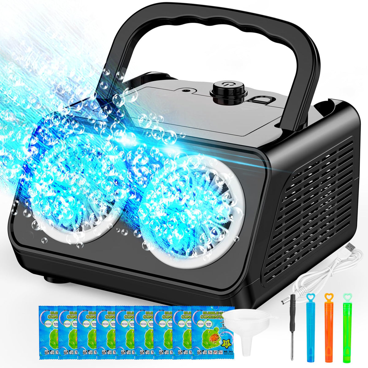SHCKE bubble machine front view shows compact, kid-friendly design for outdoor fun.