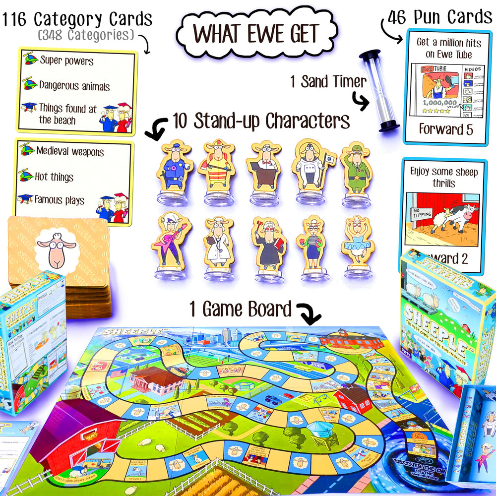 SHEEPLE pun event cards introducing clever twists.