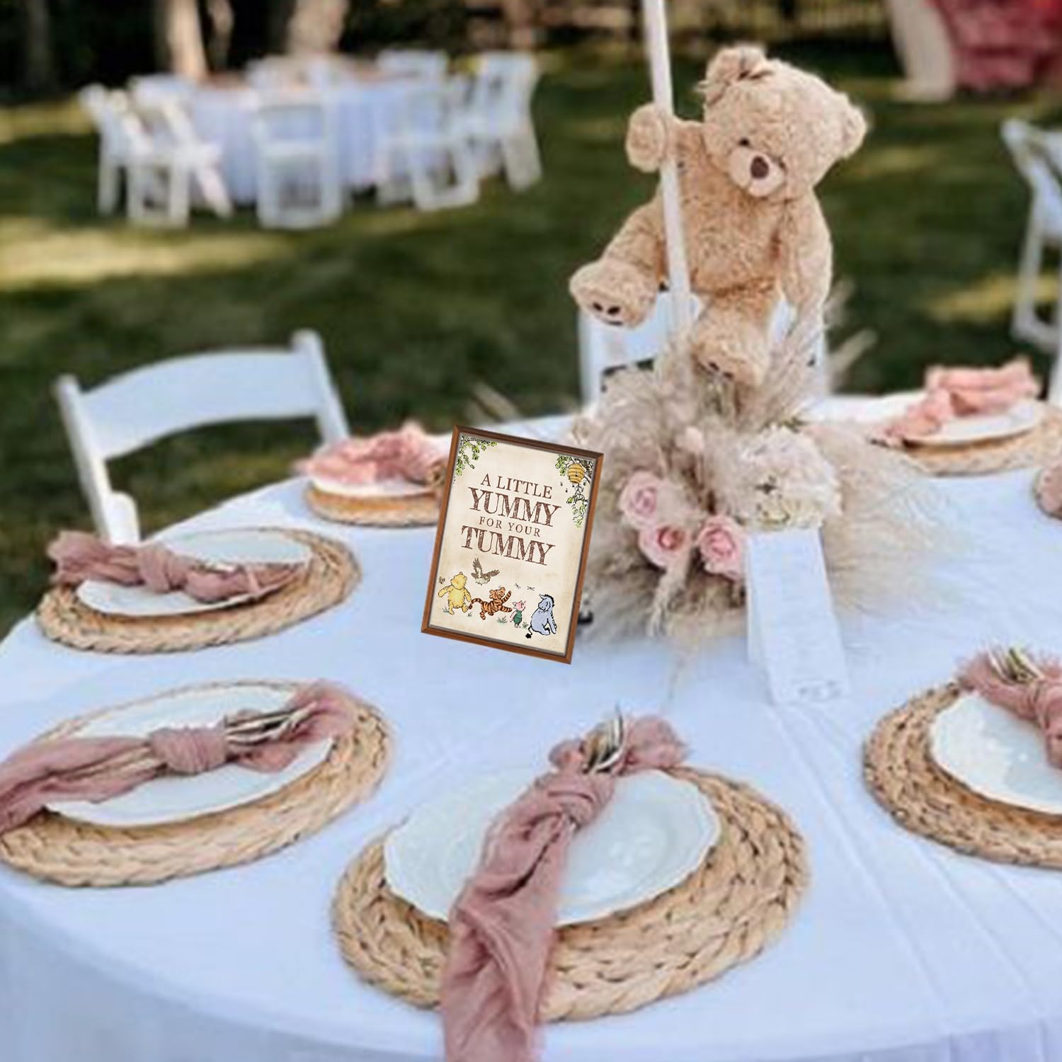 SHELLBOBO Winnie Bear decorations provide durable, frameless signs for flexible table layouts.