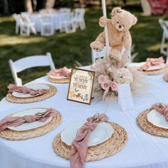 SHELLBOBO Winnie Bear decorations provide durable, frameless signs for flexible table layouts.
