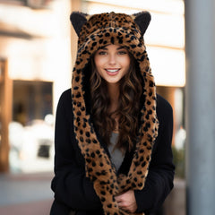 ShellKingdom leopard faux fur full hood keeps you snug outdoors.