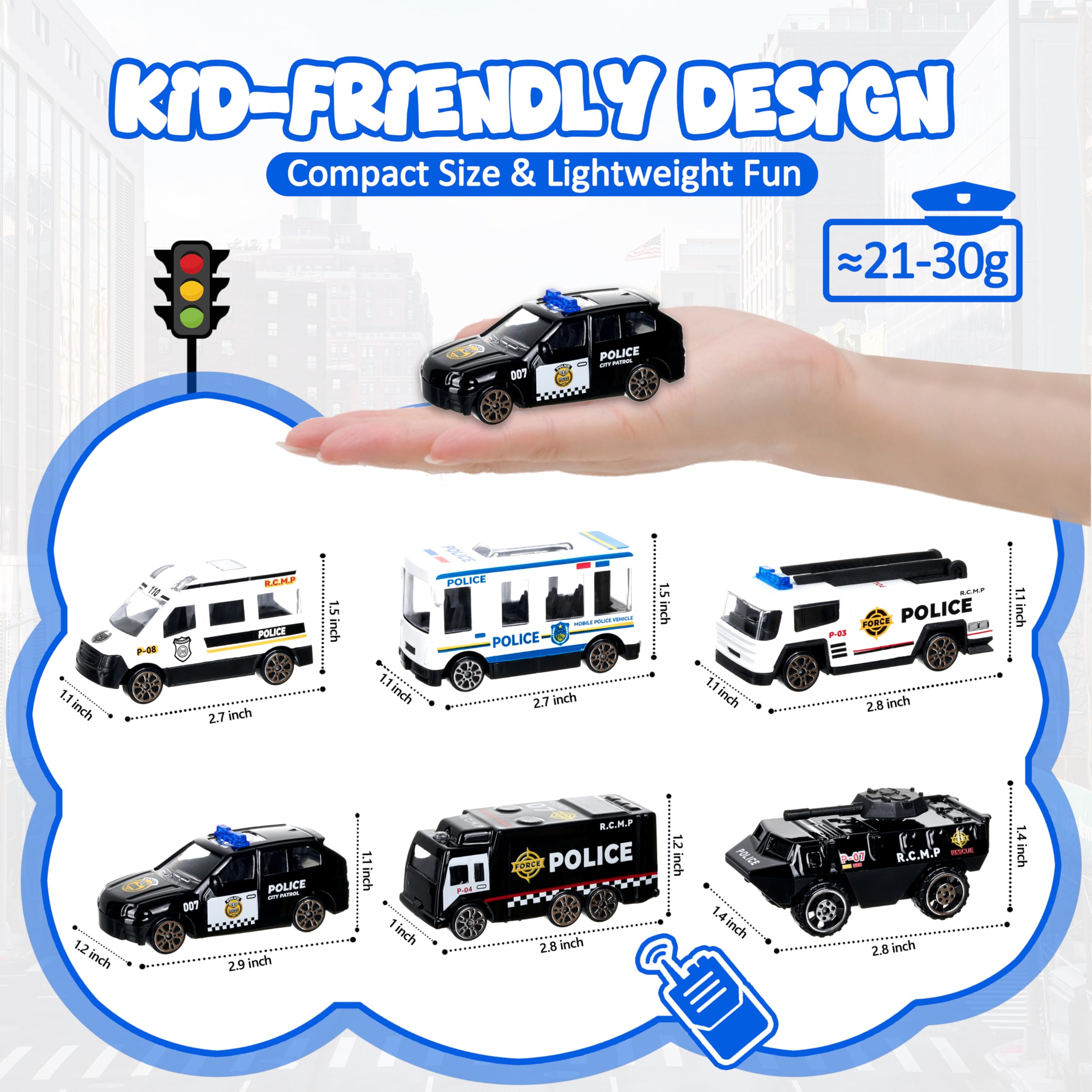 Shellvcase kids enjoy portable, travel-friendly play with compact police car set.