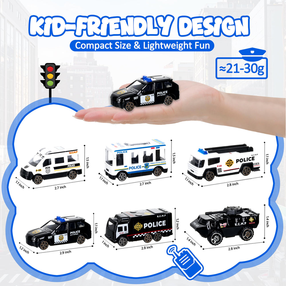 Shellvcase kids enjoy portable, travel-friendly play with compact police car set.