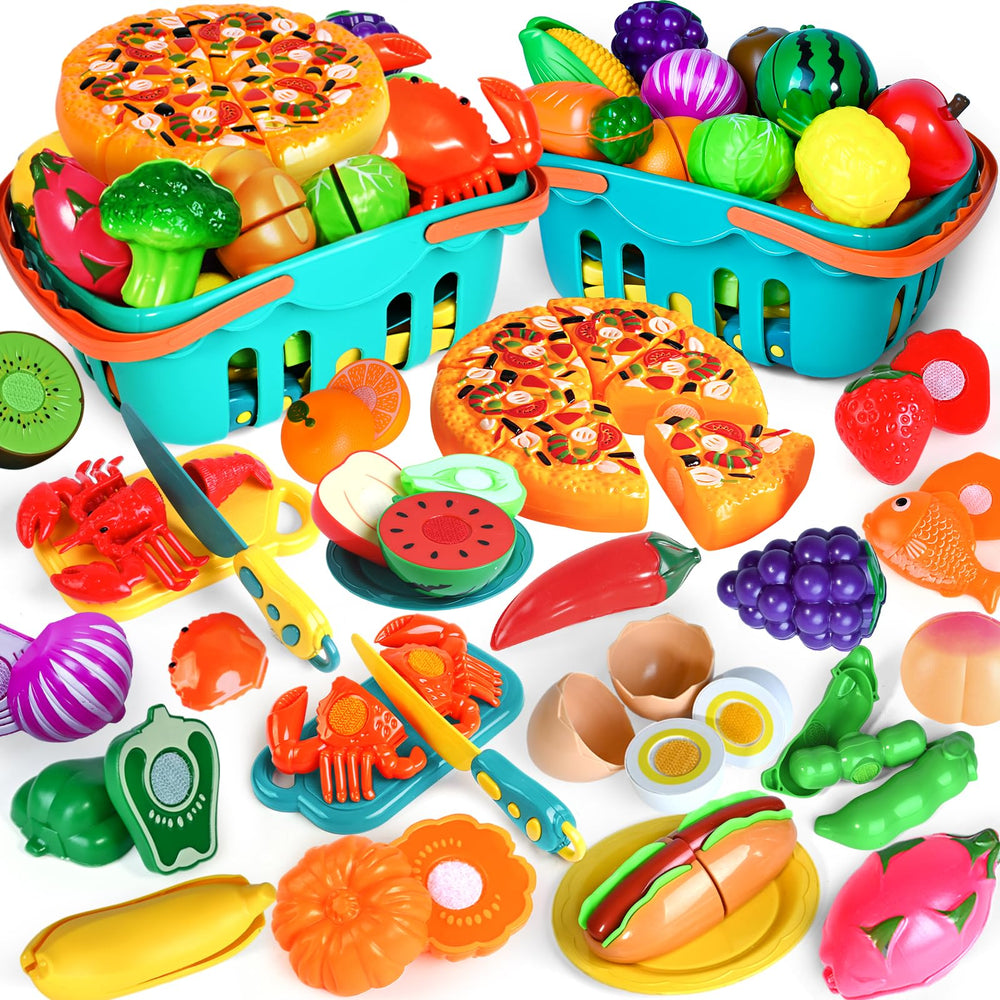 Shemira cutting play food set with baskets supports imaginative play and organization.