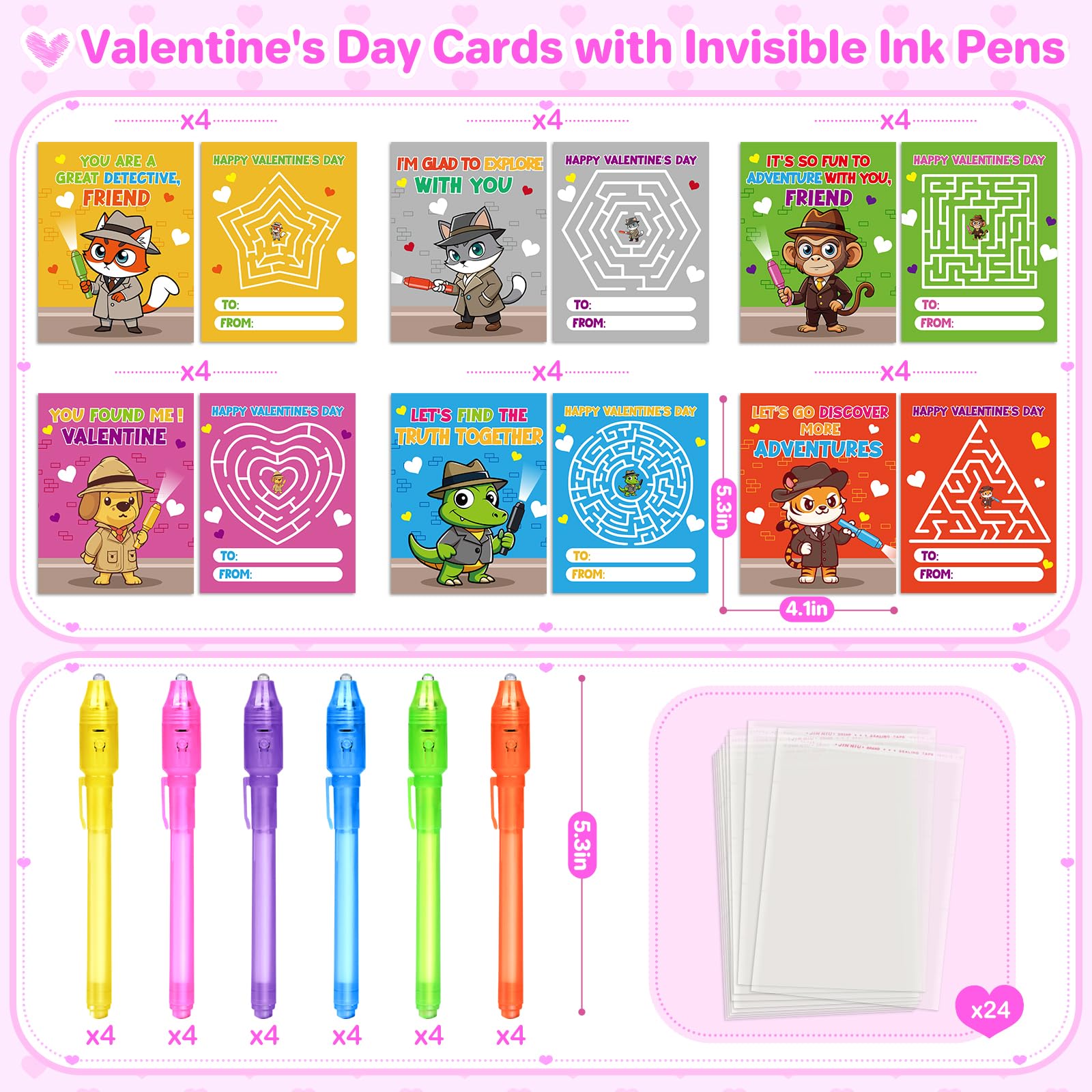 Shemira detective theme valentines cards featuring animal designs