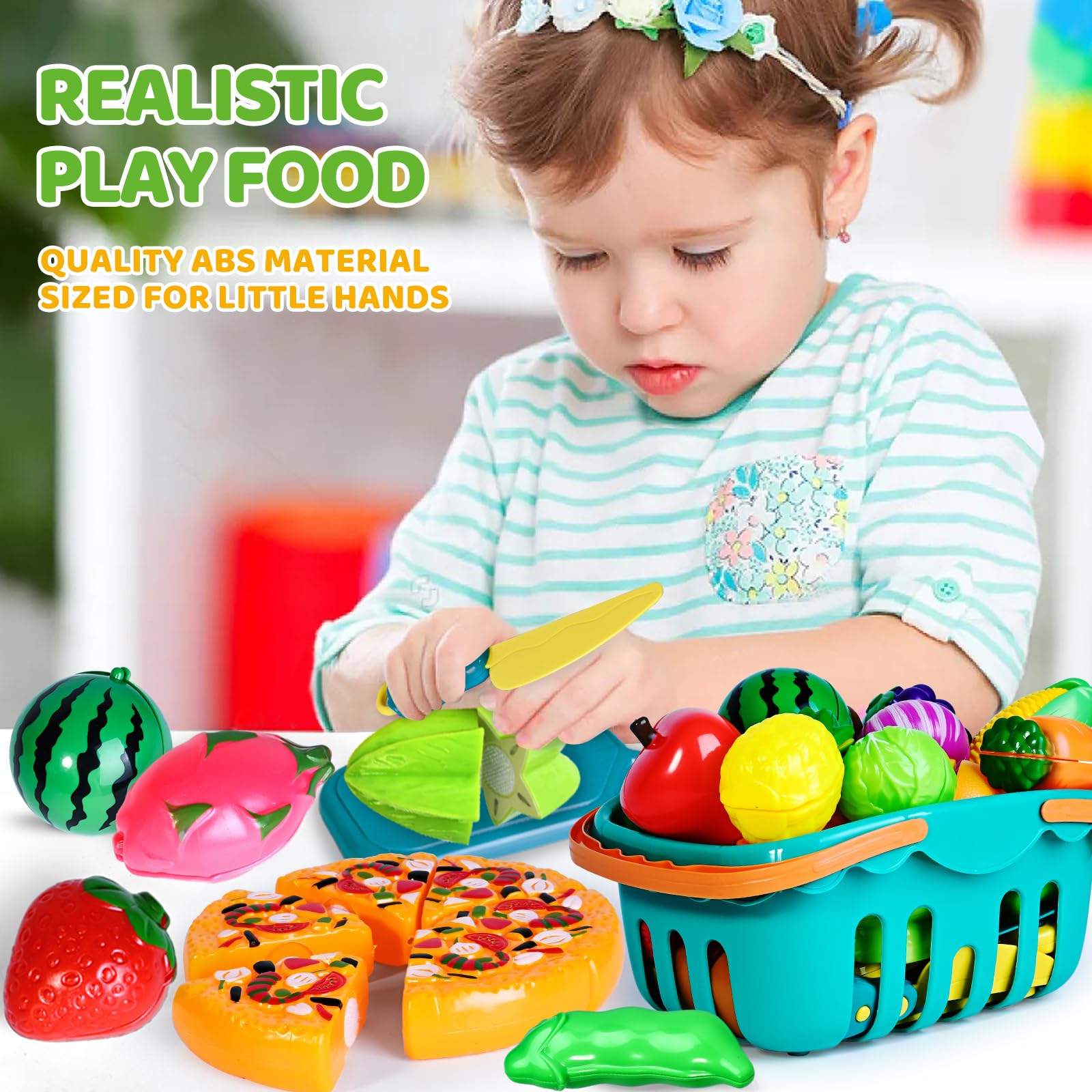 Shemira fake fruit and vegetables highlights vibrant textures for sensory play.