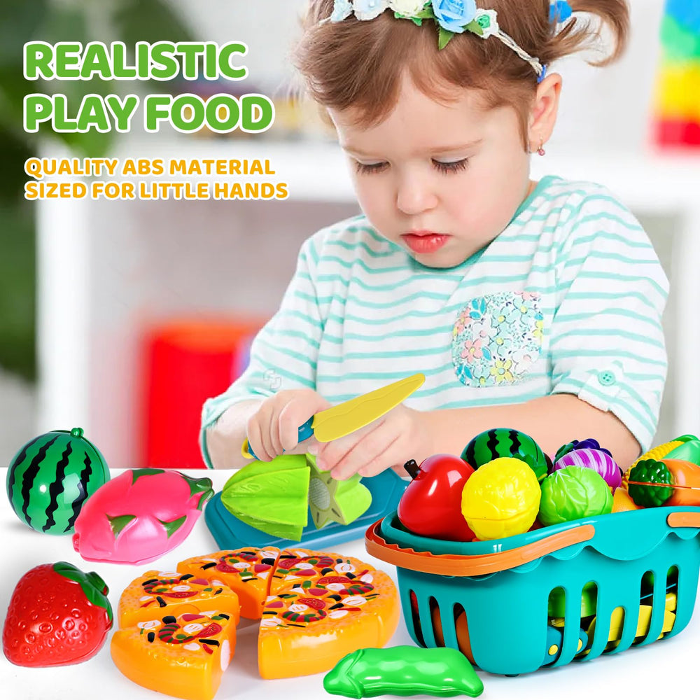 Shemira fake fruit and vegetables highlights vibrant textures for sensory play.